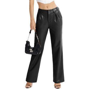 Womens Pants Black Faux Leather Straight Wide Leg Pleated Pockets High Rise
